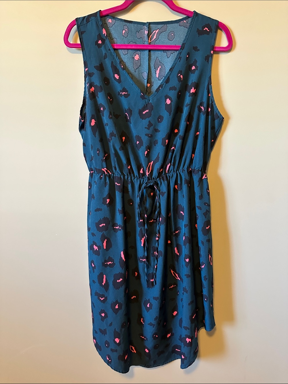 Sleeveless Teal Dress with Pink Accent Print